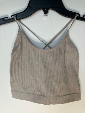 Worn Beige Ribbed Crop Tank Top with CrissCross Straps Size S
